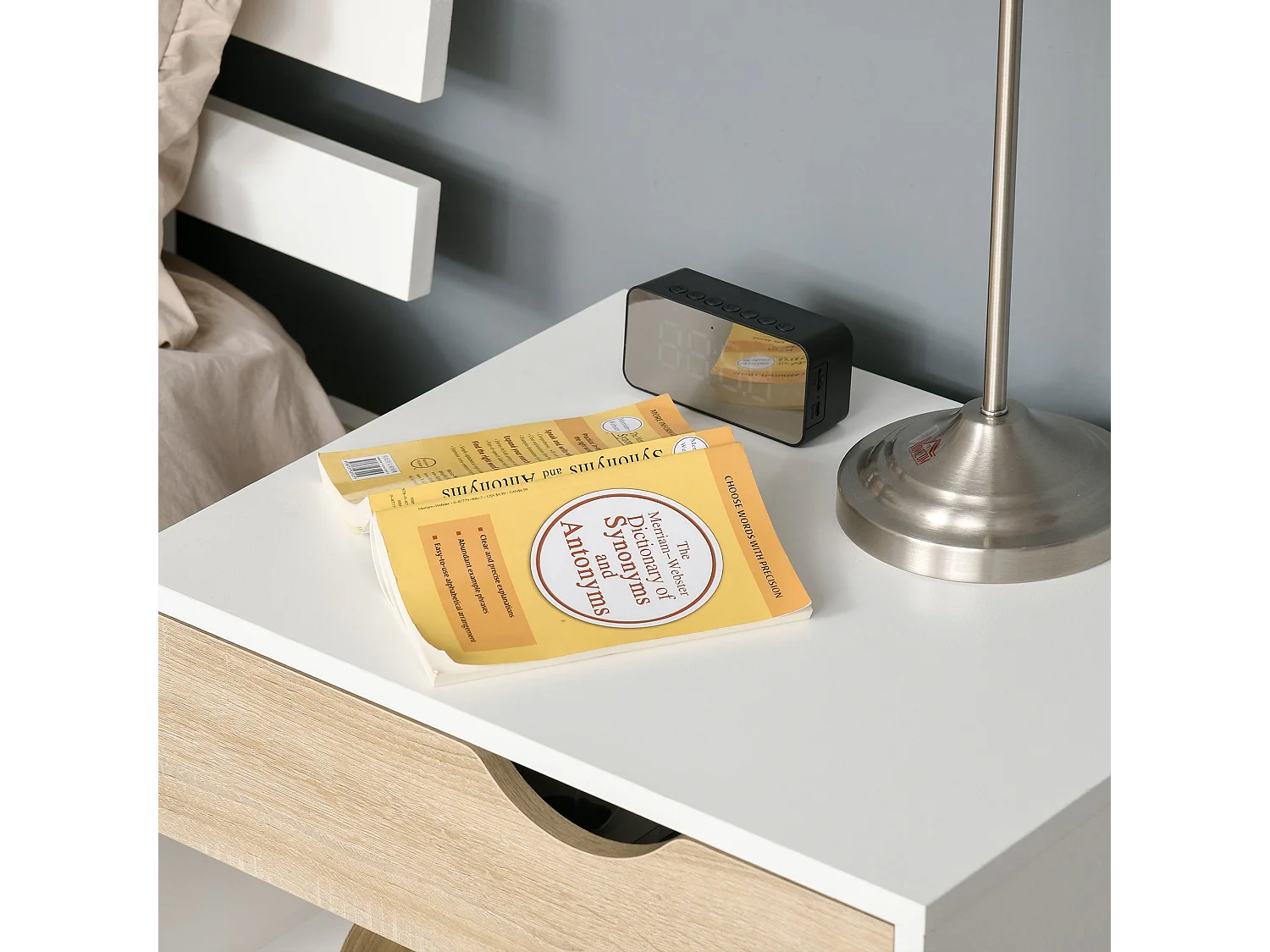 Basuve Modern Bedside Table White and Oak with Drawer and Open Shelf