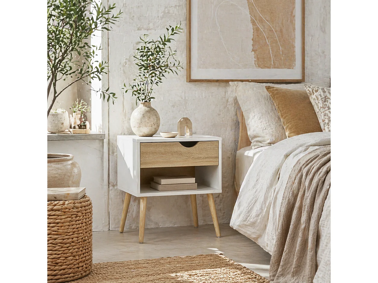 Basuve Modern Bedside Table White and Oak with Drawer and Open Shelf