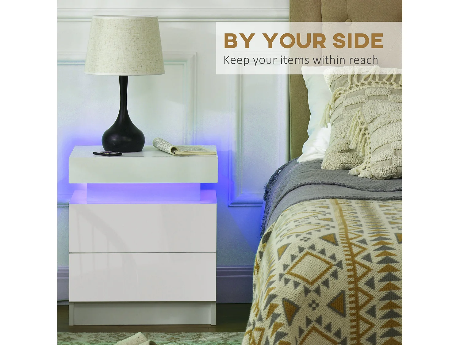 Nisu Set of 2 High Gloss White Bedside Tables with LED Lighting and 4 Drawers