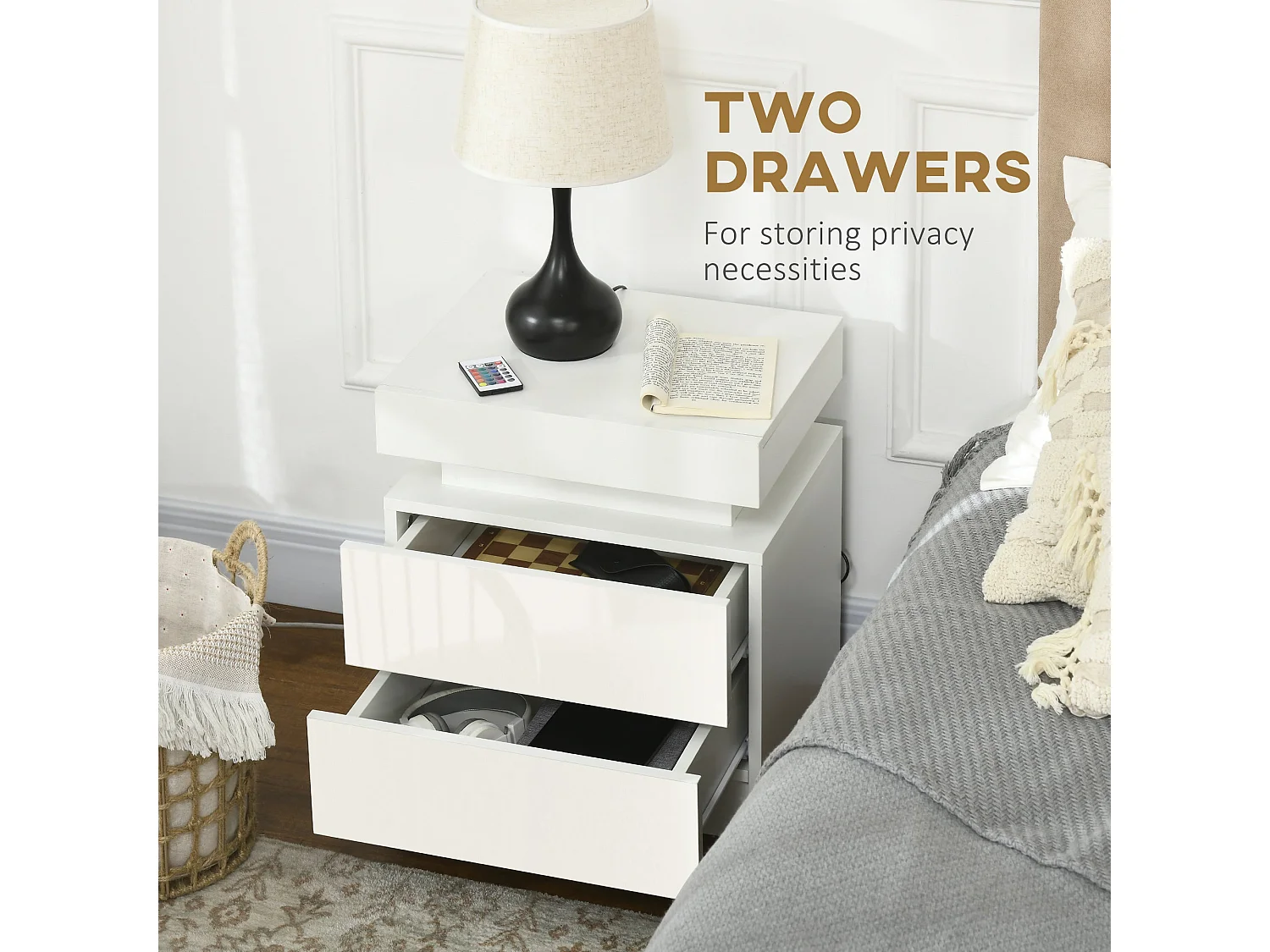 Nisu Set of 2 High Gloss White Bedside Tables with LED Lighting and 4 Drawers