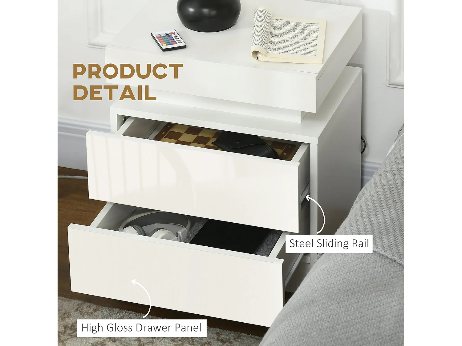 Nisu Set of 2 High Gloss White Bedside Tables with LED Lighting and 4 Drawers