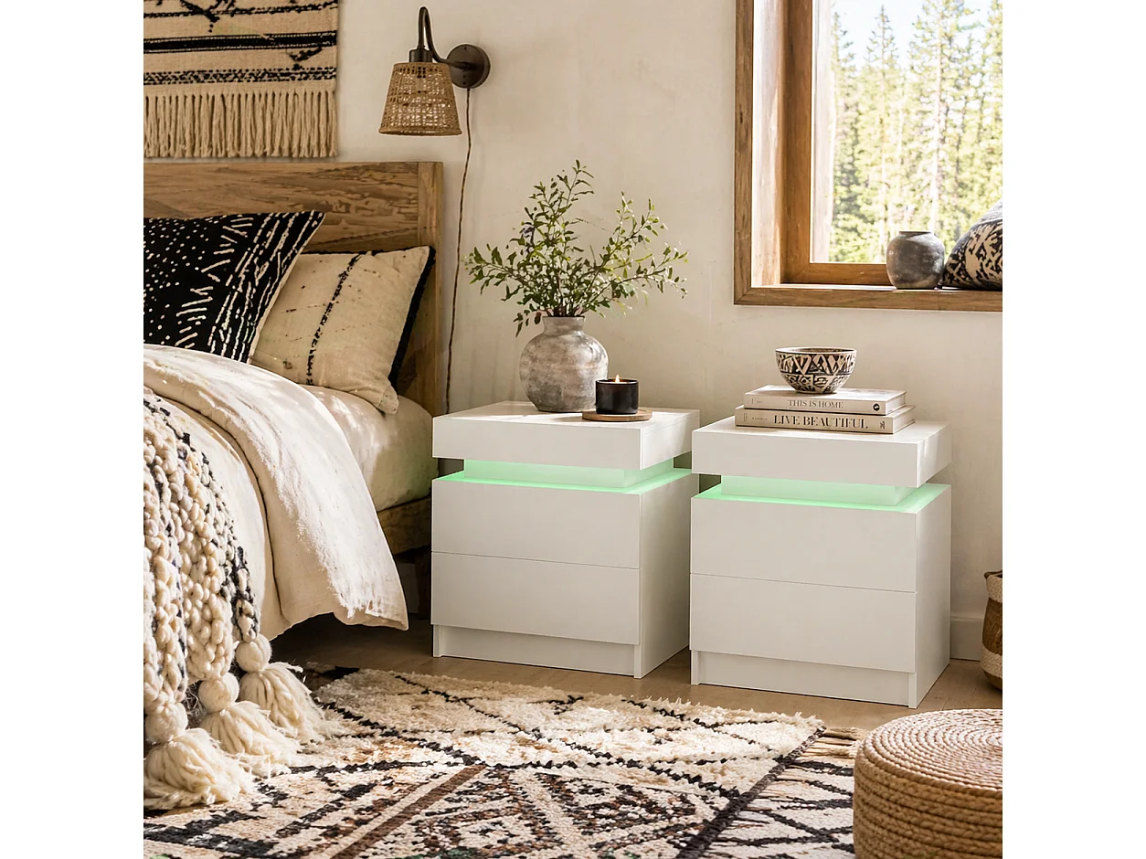 Nisu Set of 2 High Gloss White Bedside Tables with LED Lighting and 4 Drawers