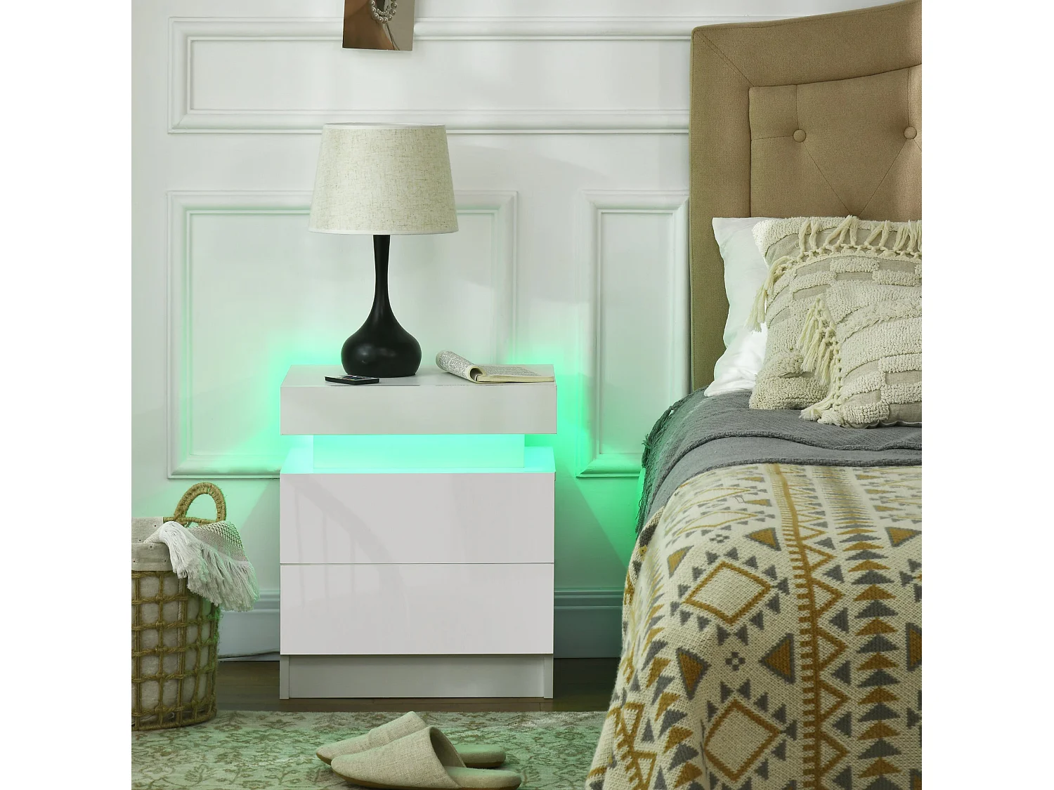 Rema High Gloss White Bedside Table with LED Lighting 2 Drawers