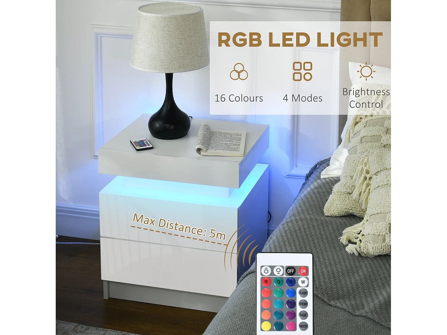 Rema High Gloss White Bedside Table with LED Lighting 2 Drawers