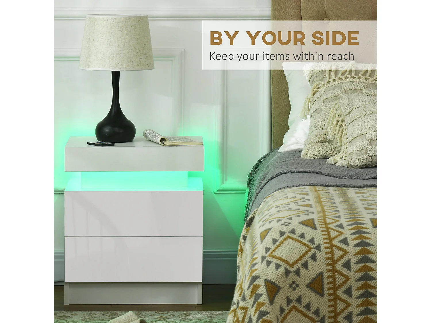 Rema High Gloss White Bedside Table with LED Lighting 2 Drawers