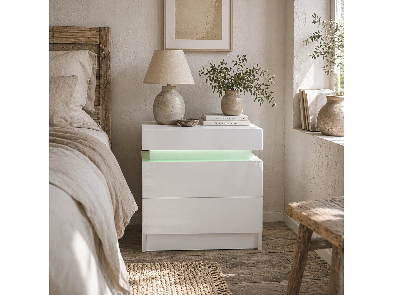 Rema High Gloss White Bedside Table with LED Lighting 2 Drawers