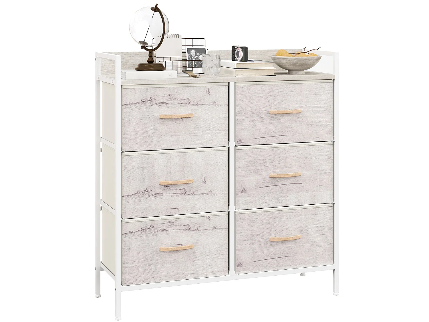 Fisufi 6 Drawer Fabric Chest White and Natural Wood Finish