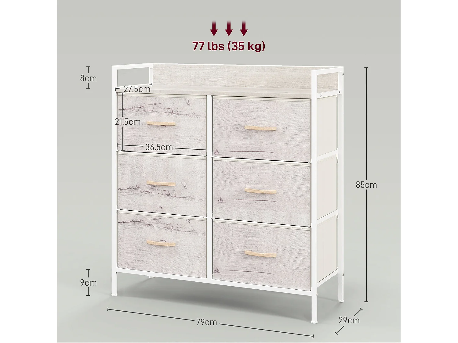 Fisufi 6 Drawer Fabric Chest White and Natural Wood Finish