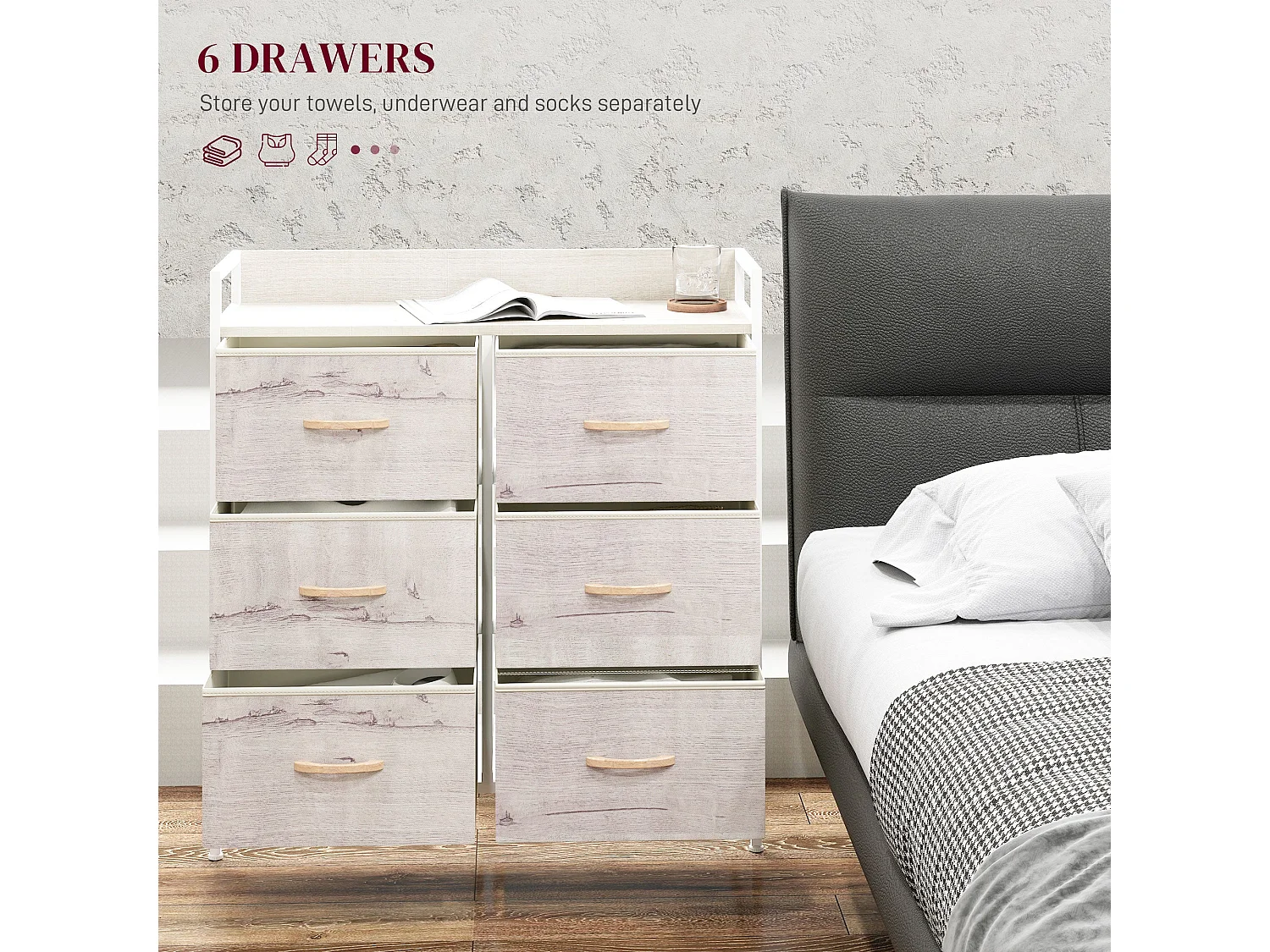 Fisufi 6 Drawer Fabric Chest White and Natural Wood Finish