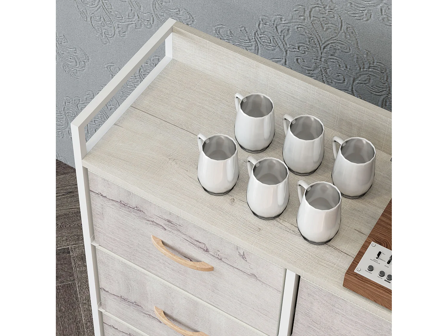 Fisufi 6 Drawer Fabric Chest White and Natural Wood Finish