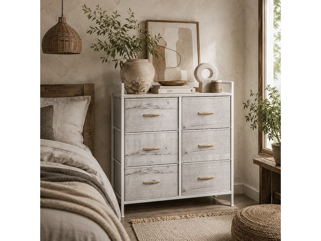 Fisufi 6 Drawer Fabric Chest White and Natural Wood Finish