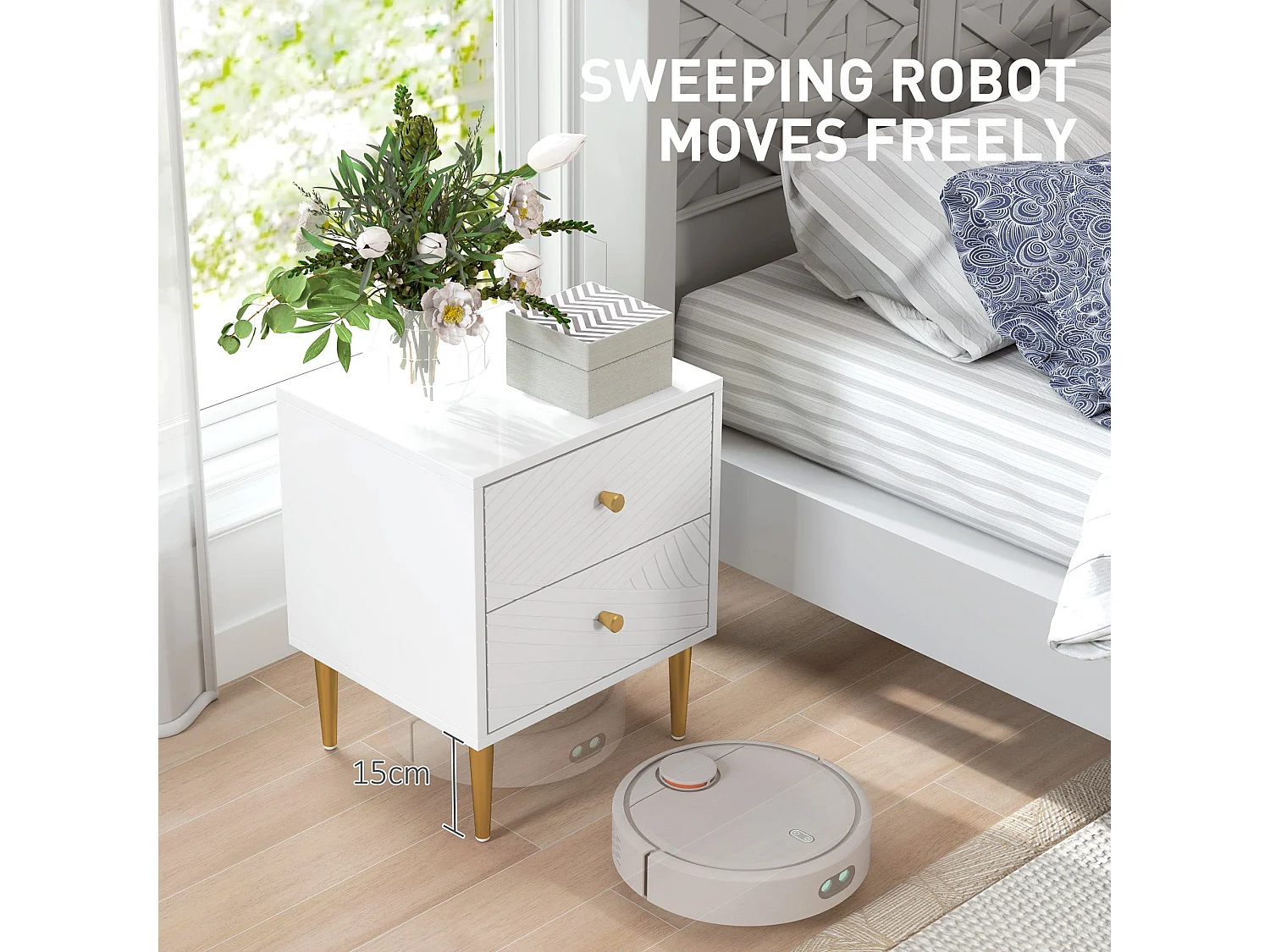 Dina White and Gold 2 Drawer Modern Bedside Table