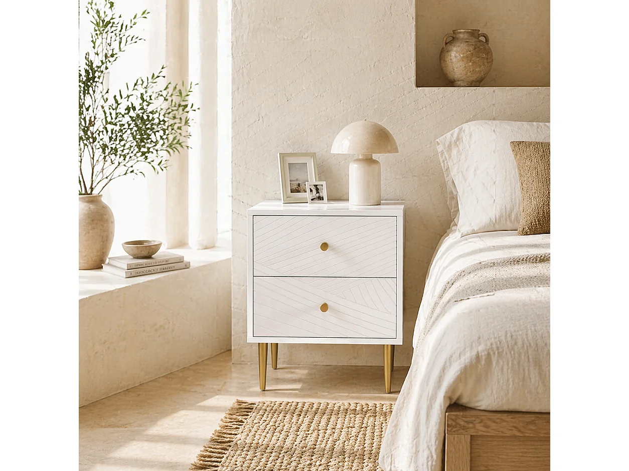 Dina White and Gold 2 Drawer Modern Bedside Table