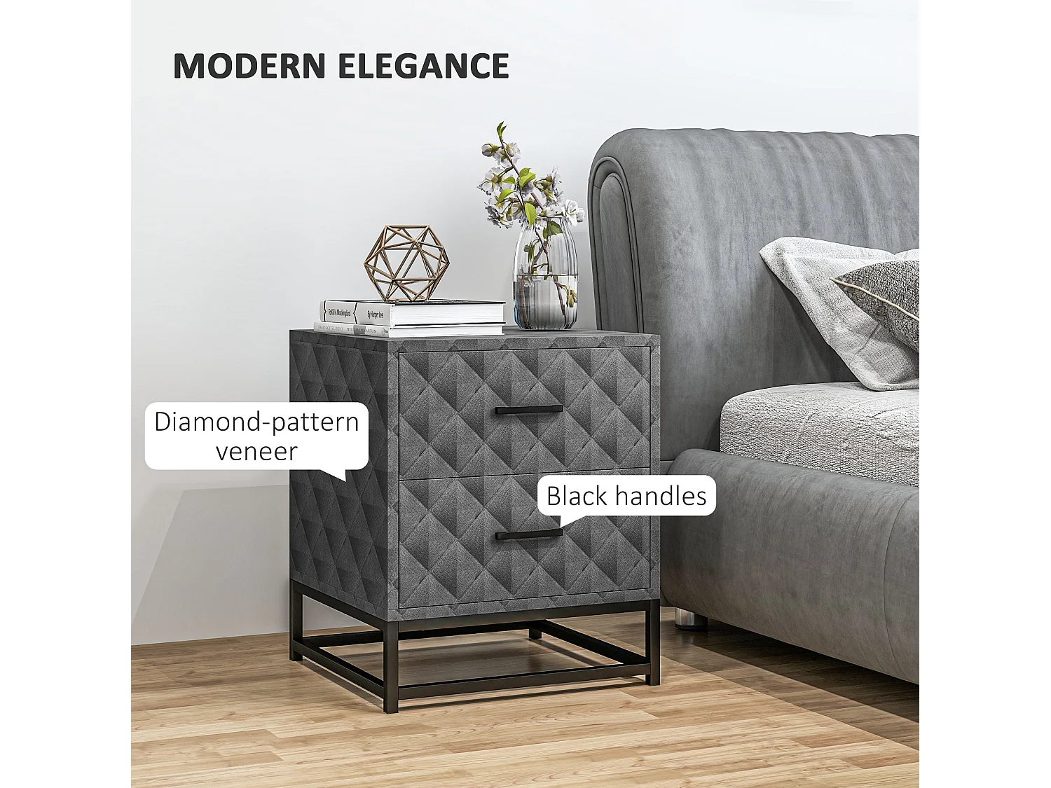 Nonare Grey Set of 2 Bedside Tables with 2 Drawers and Steel Legs