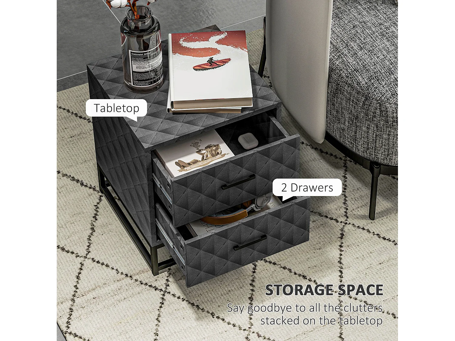 Nonare Grey Set of 2 Bedside Tables with 2 Drawers and Steel Legs