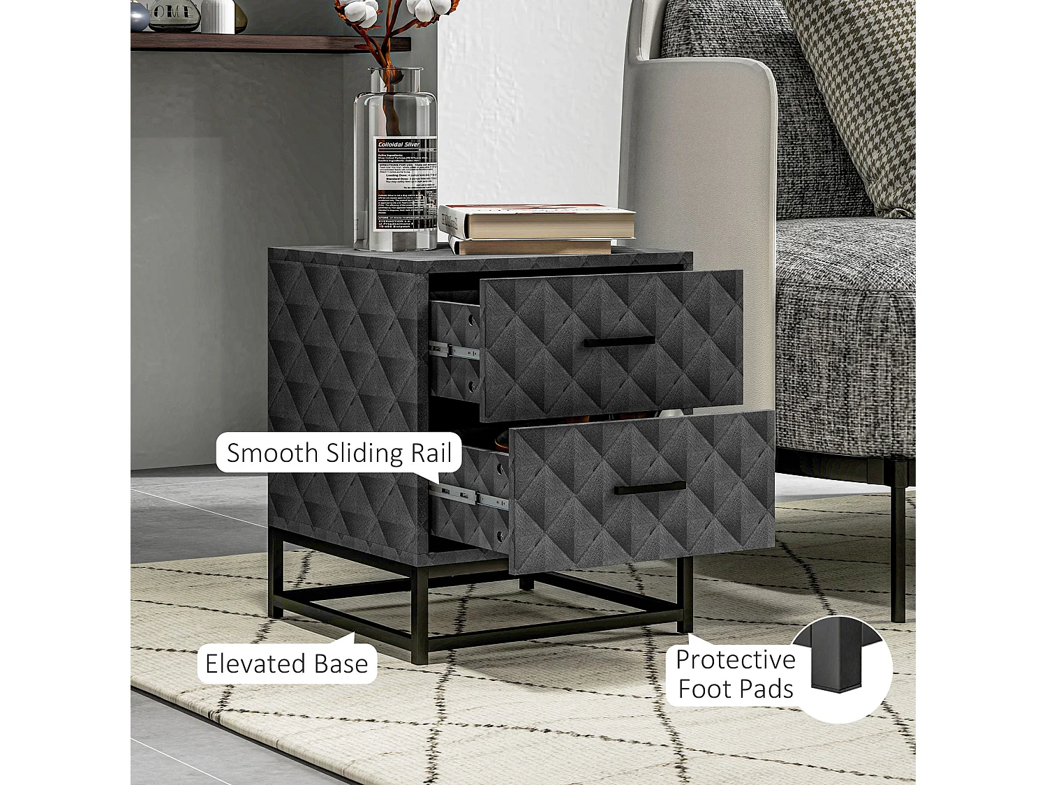 Nonare Grey Set of 2 Bedside Tables with 2 Drawers and Steel Legs