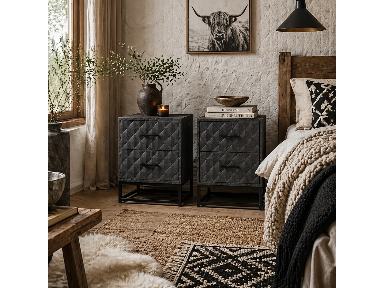 Nonare Grey Set of 2 Bedside Tables with 2 Drawers and Steel Legs