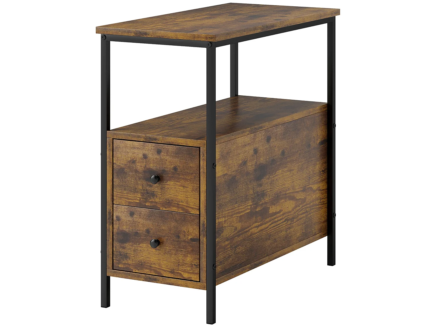 Vino Rustic Brown Narrow Bedside Table 2 Drawers with Open Shelf