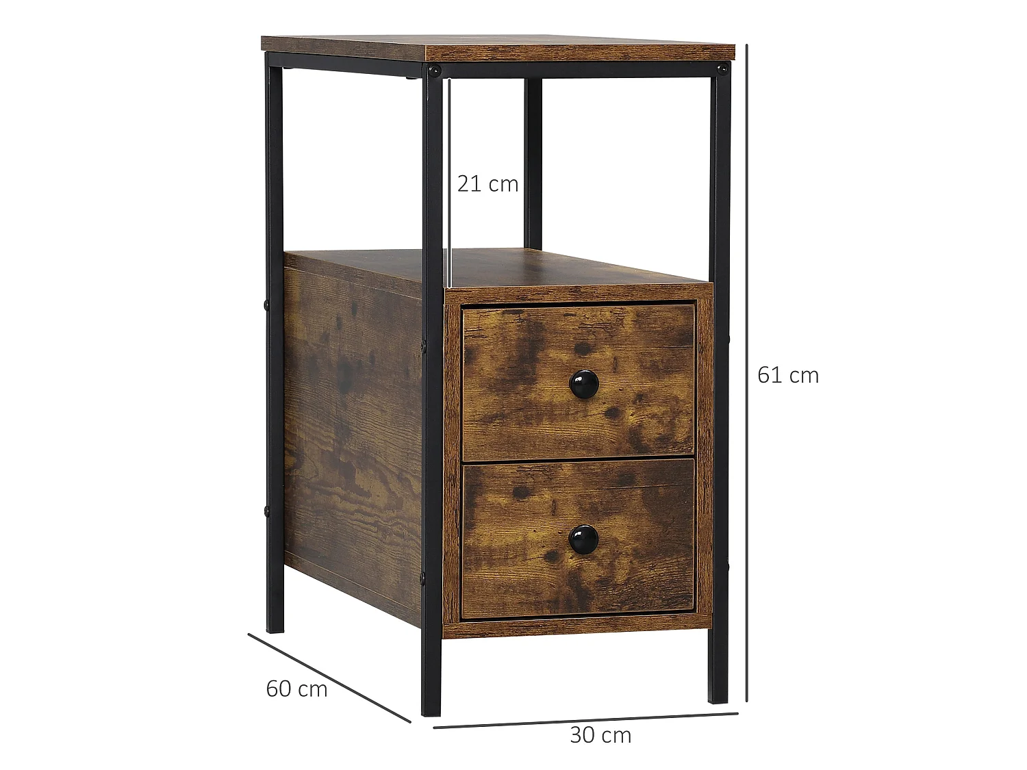 Vino Rustic Brown Narrow Bedside Table 2 Drawers with Open Shelf