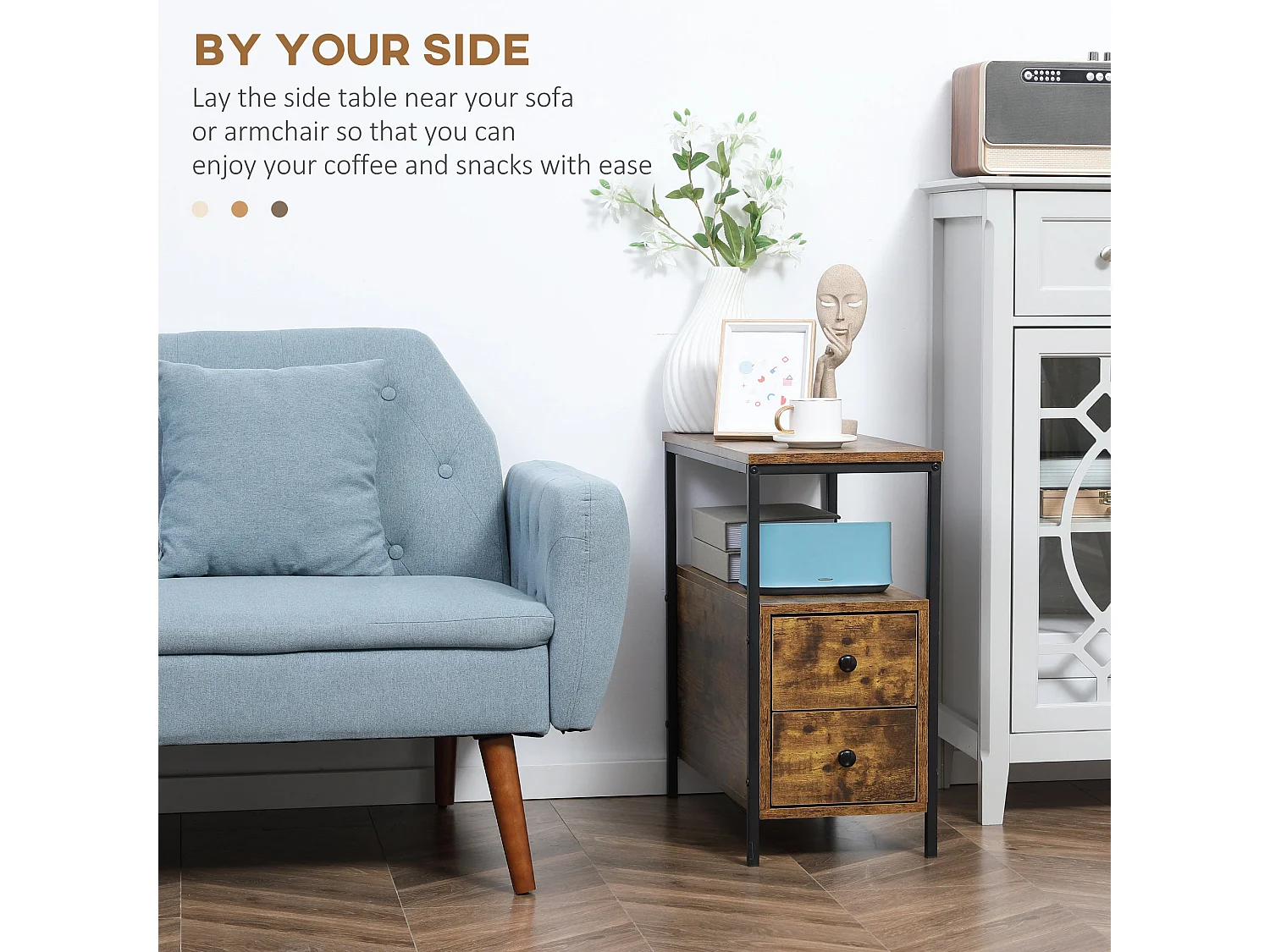Vino Rustic Brown Narrow Bedside Table 2 Drawers with Open Shelf