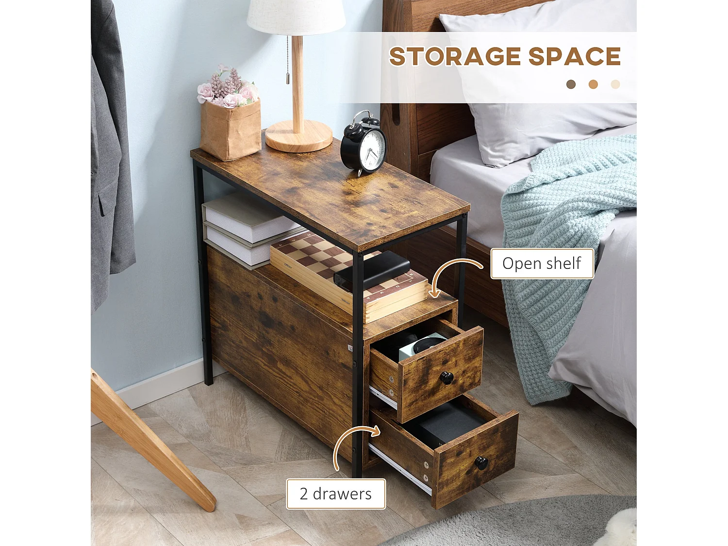 Vino Rustic Brown Narrow Bedside Table 2 Drawers with Open Shelf