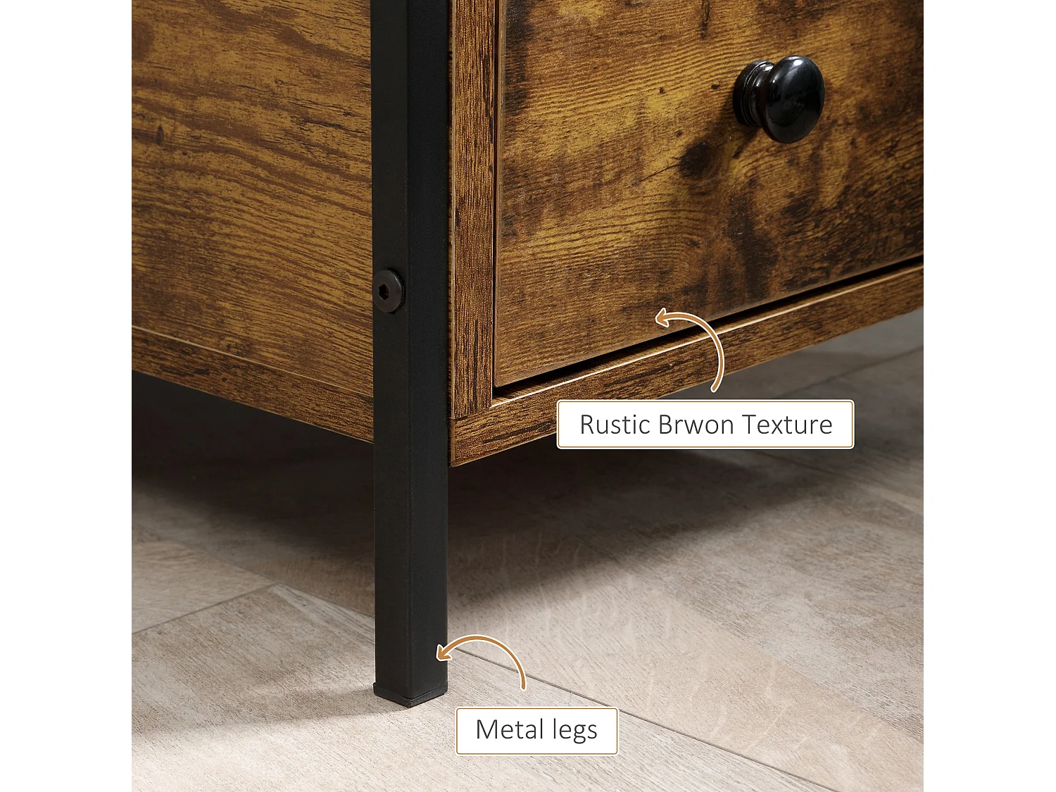 Vino Rustic Brown Narrow Bedside Table 2 Drawers with Open Shelf