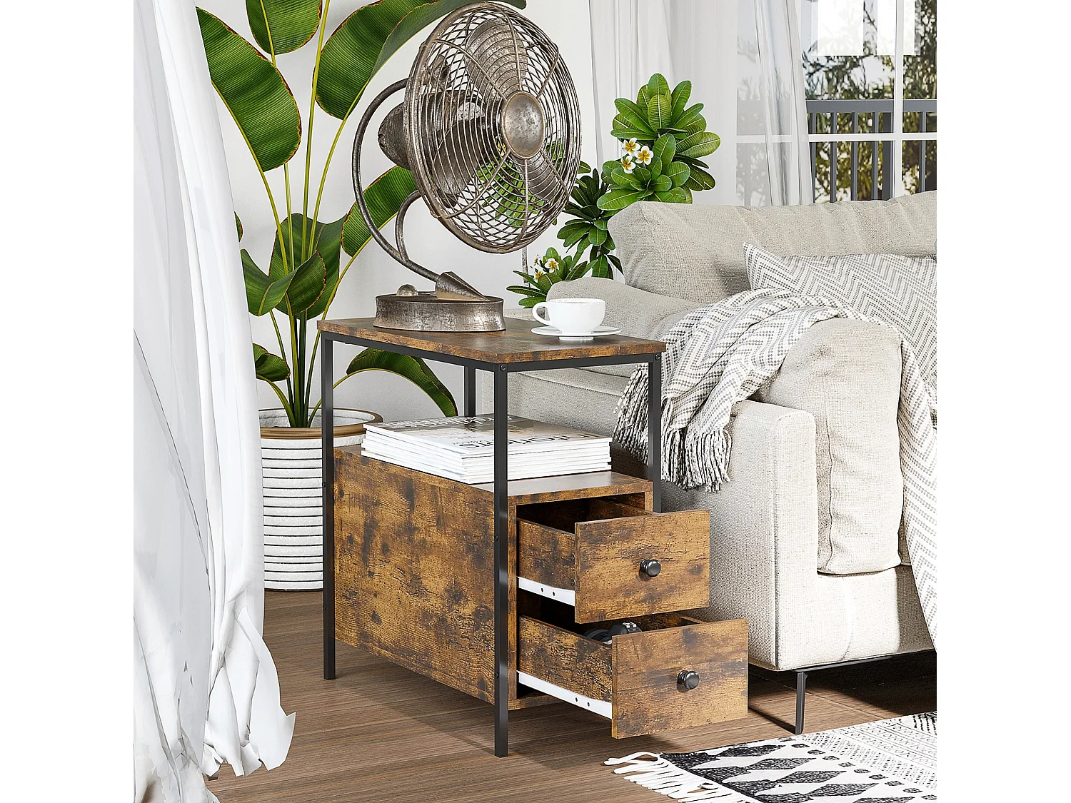 Vino Rustic Brown Narrow Bedside Table 2 Drawers with Open Shelf