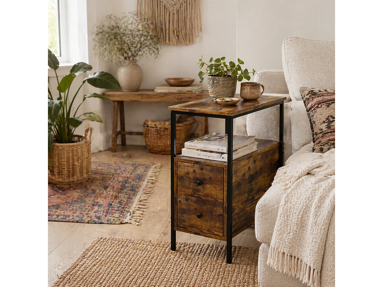 Vino Rustic Brown Narrow Bedside Table 2 Drawers with Open Shelf