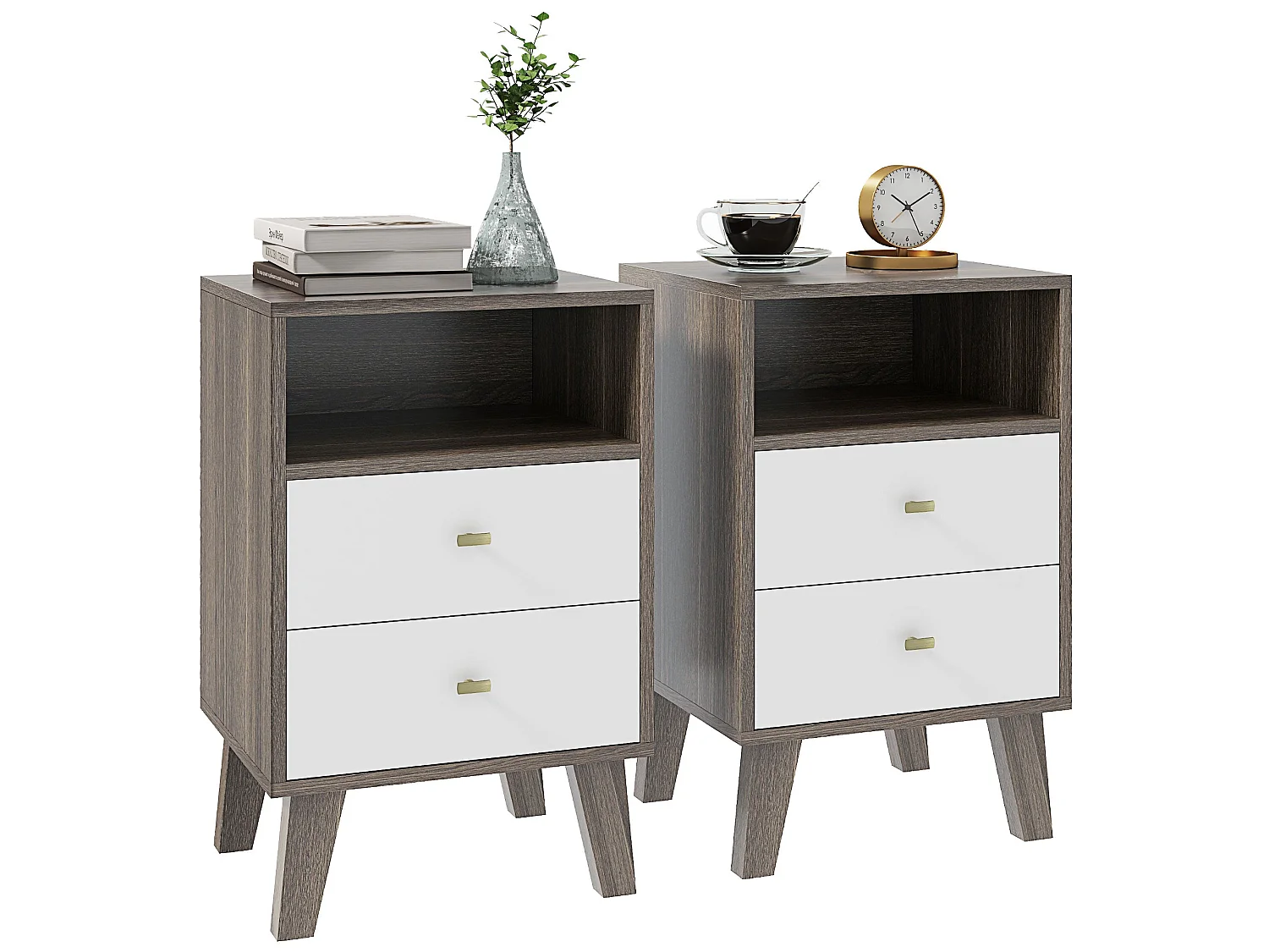 Cosana Grey and White Scandinavian Bedside Tables Pair with Drawers and Open Shelf