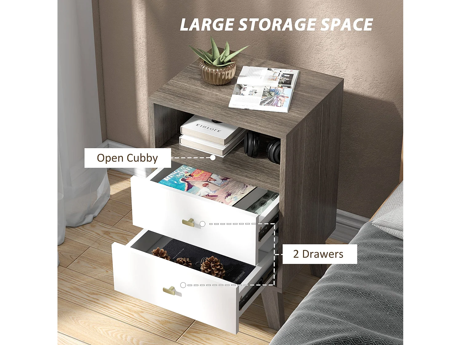 Cosana Grey and White Scandinavian Bedside Tables Pair with Drawers and Open Shelf