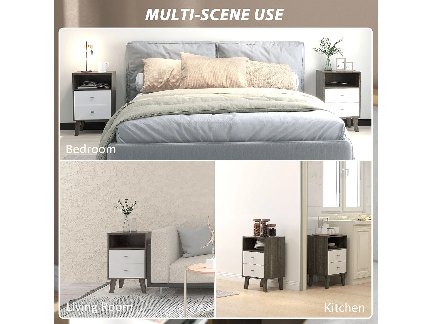 Cosana Grey and White Scandinavian Bedside Tables Pair with Drawers and Open Shelf