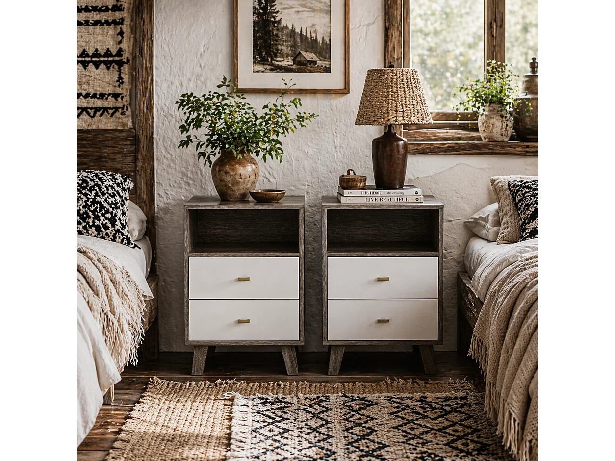Cosana Grey and White Scandinavian Bedside Tables Pair with Drawers and Open Shelf