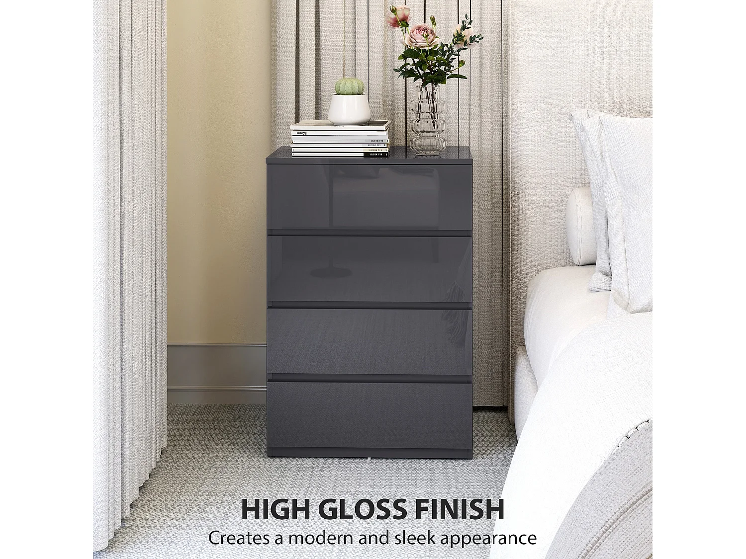 Recota High Gloss Grey 4 Drawer Modern Storage Chest