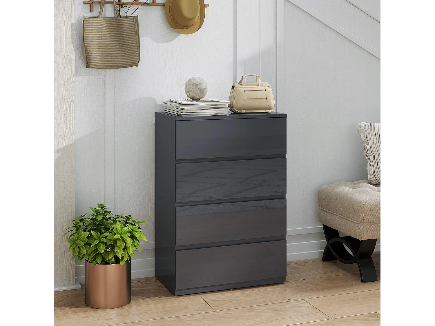 Recota High Gloss Grey 4 Drawer Modern Storage Chest