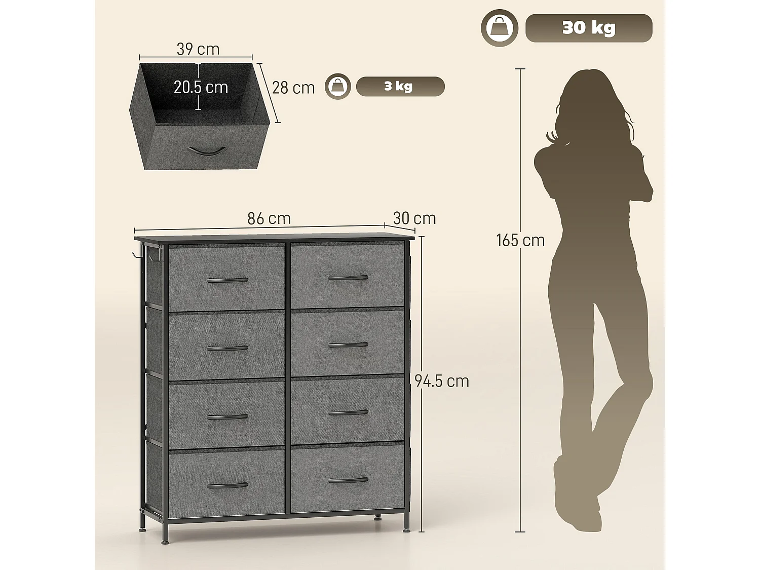 Niri Charcoal Grey Fabric and Metal 8 Drawer Storage Chest