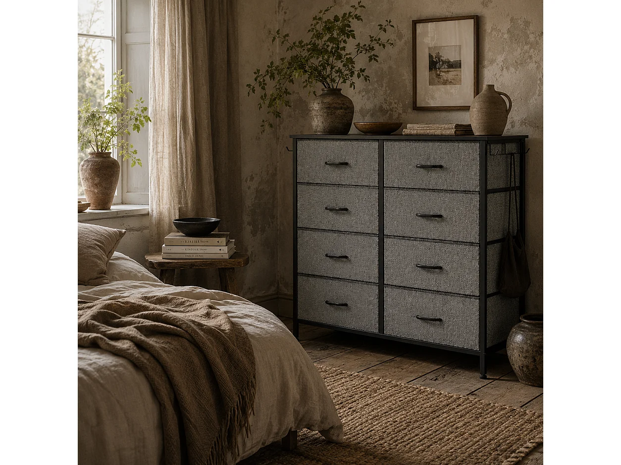 Niri Charcoal Grey Fabric and Metal 8 Drawer Storage Chest