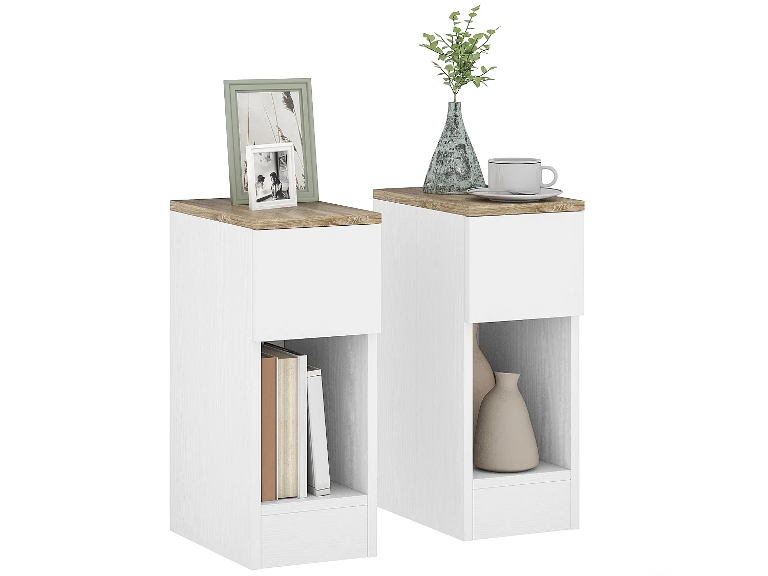 Taro Set of 2 White and Oak Bedside Tables with Drawer