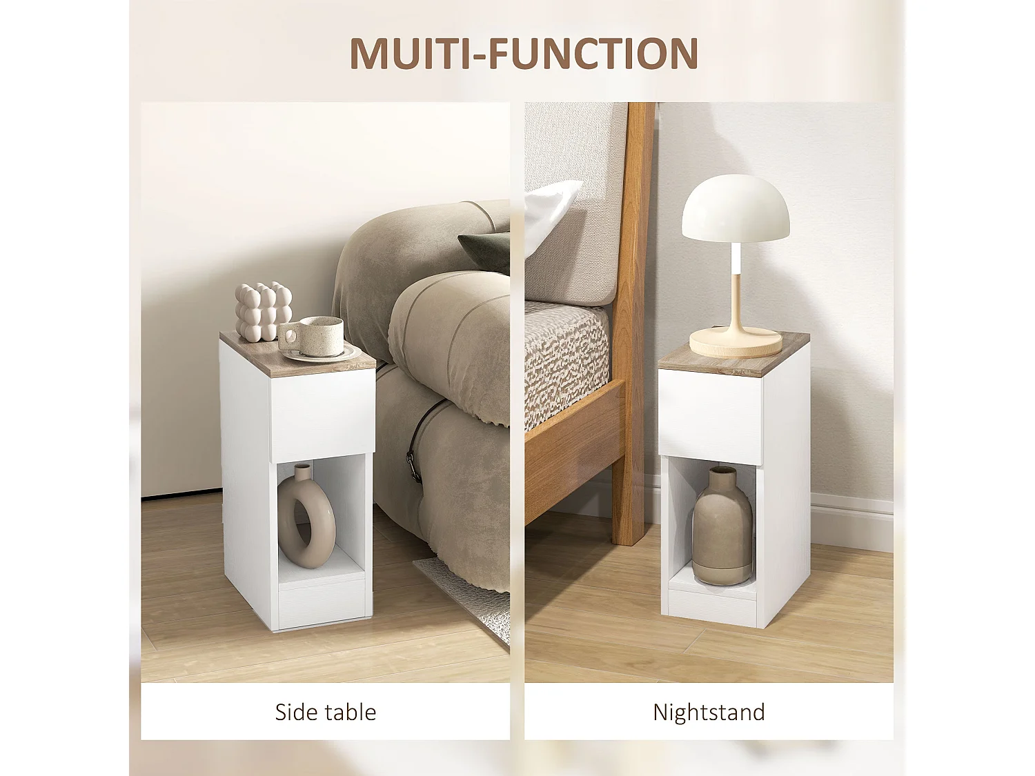Taro Set of 2 White and Oak Bedside Tables with Drawer