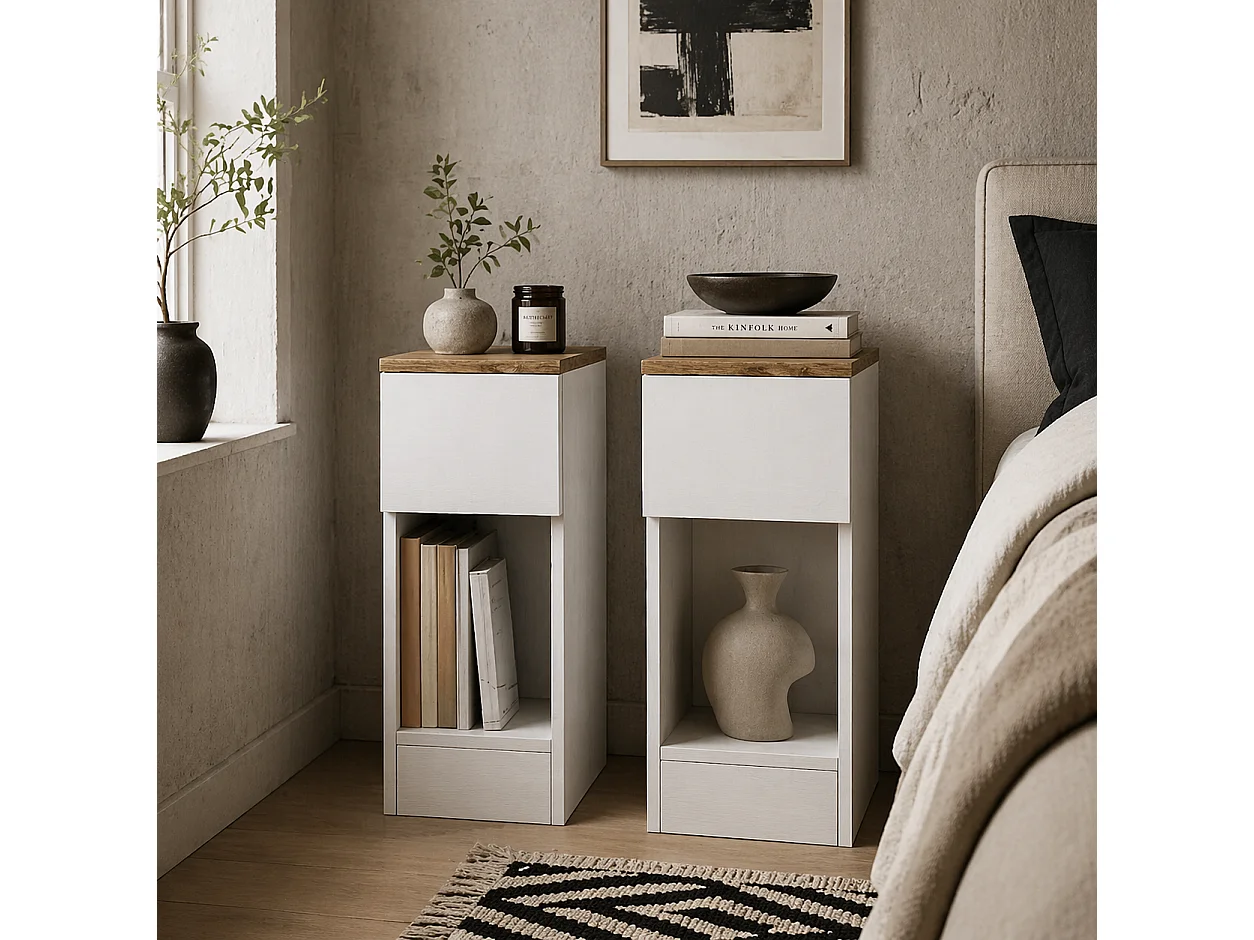 Taro Set of 2 White and Oak Bedside Tables with Drawer