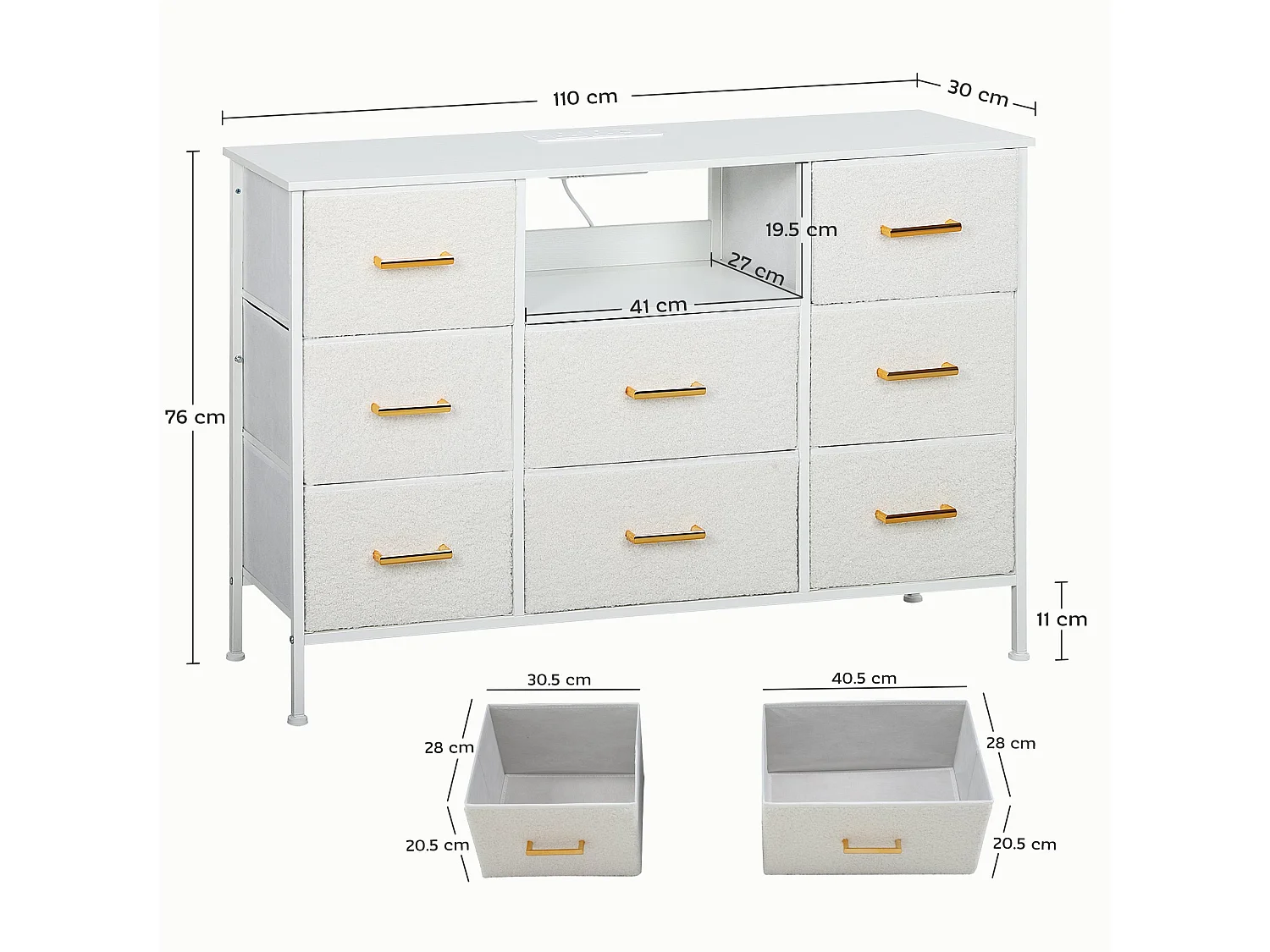 Haso 8 Drawer Boucle Fabric Chest Cream White with Built In Charging Station