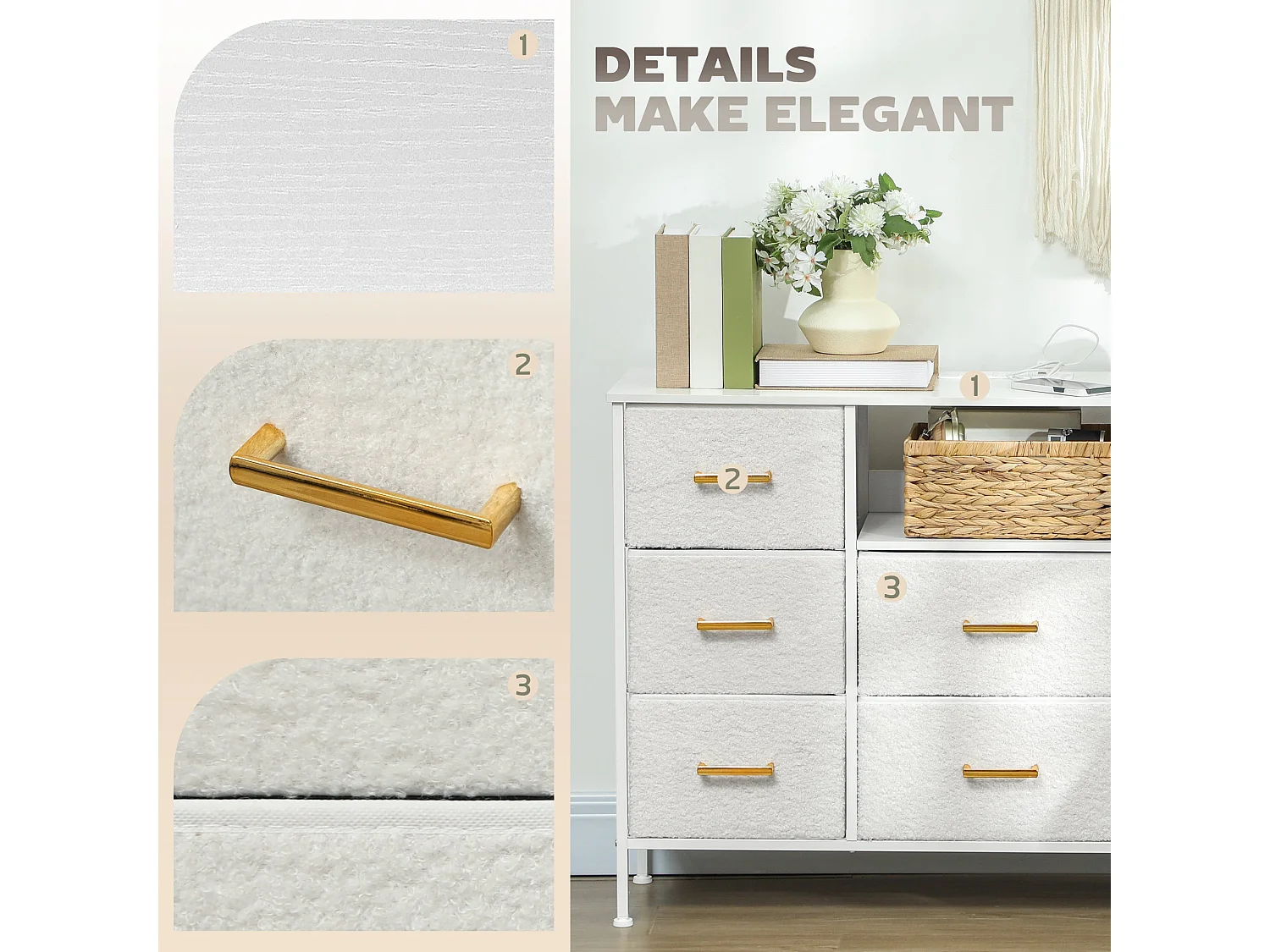 Haso 8 Drawer Boucle Fabric Chest Cream White with Built In Charging Station