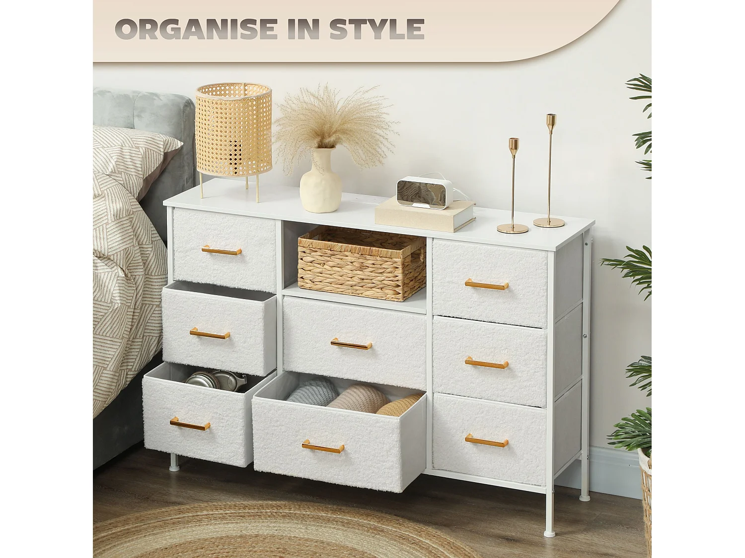 Haso 8 Drawer Boucle Fabric Chest Cream White with Built In Charging Station