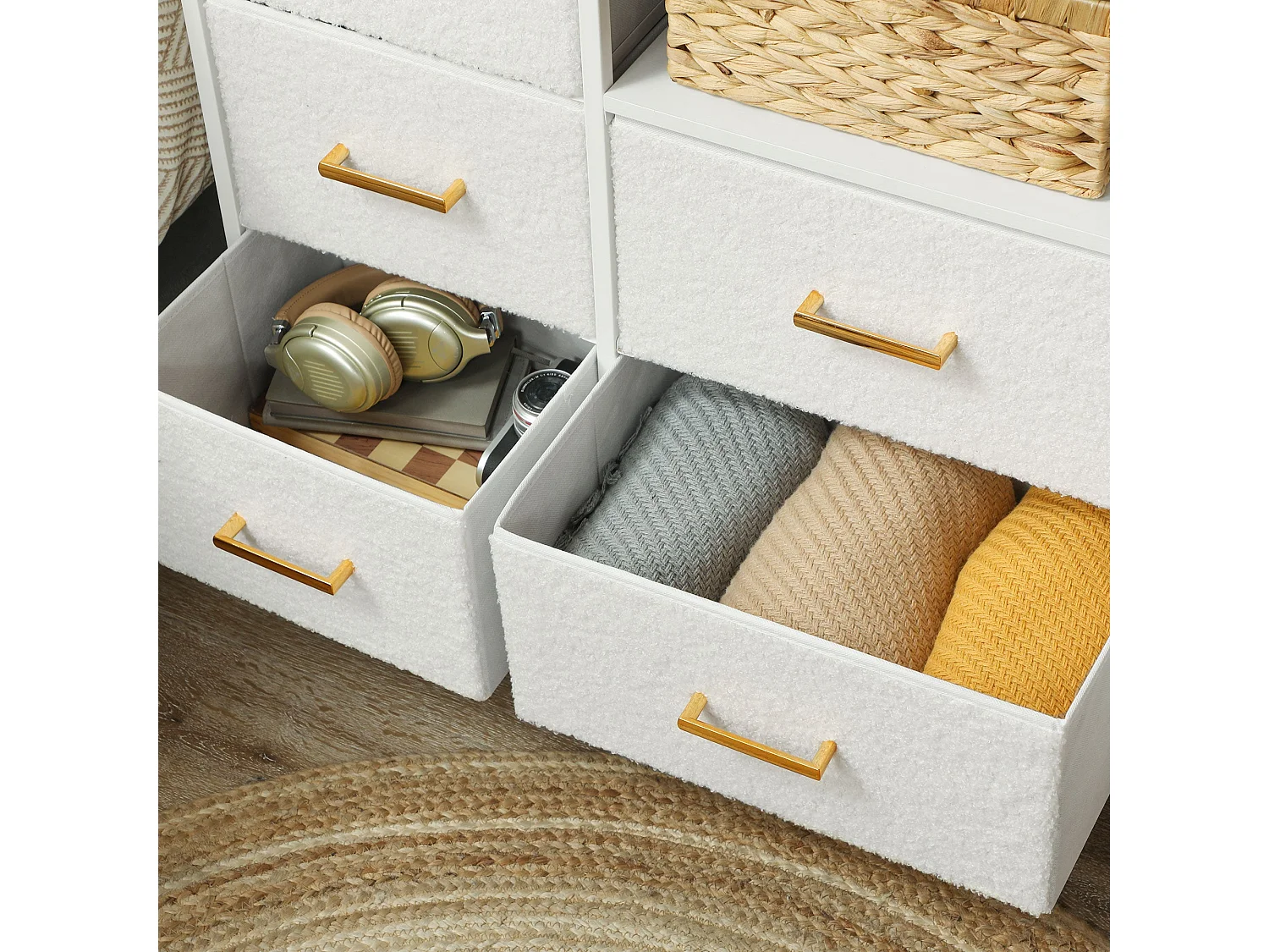 Haso 8 Drawer Boucle Fabric Chest Cream White with Built In Charging Station