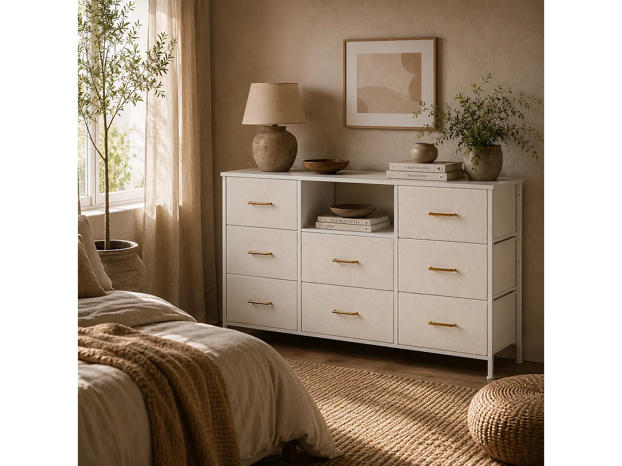 Haso 8 Drawer Boucle Fabric Chest Cream White with Built In Charging Station