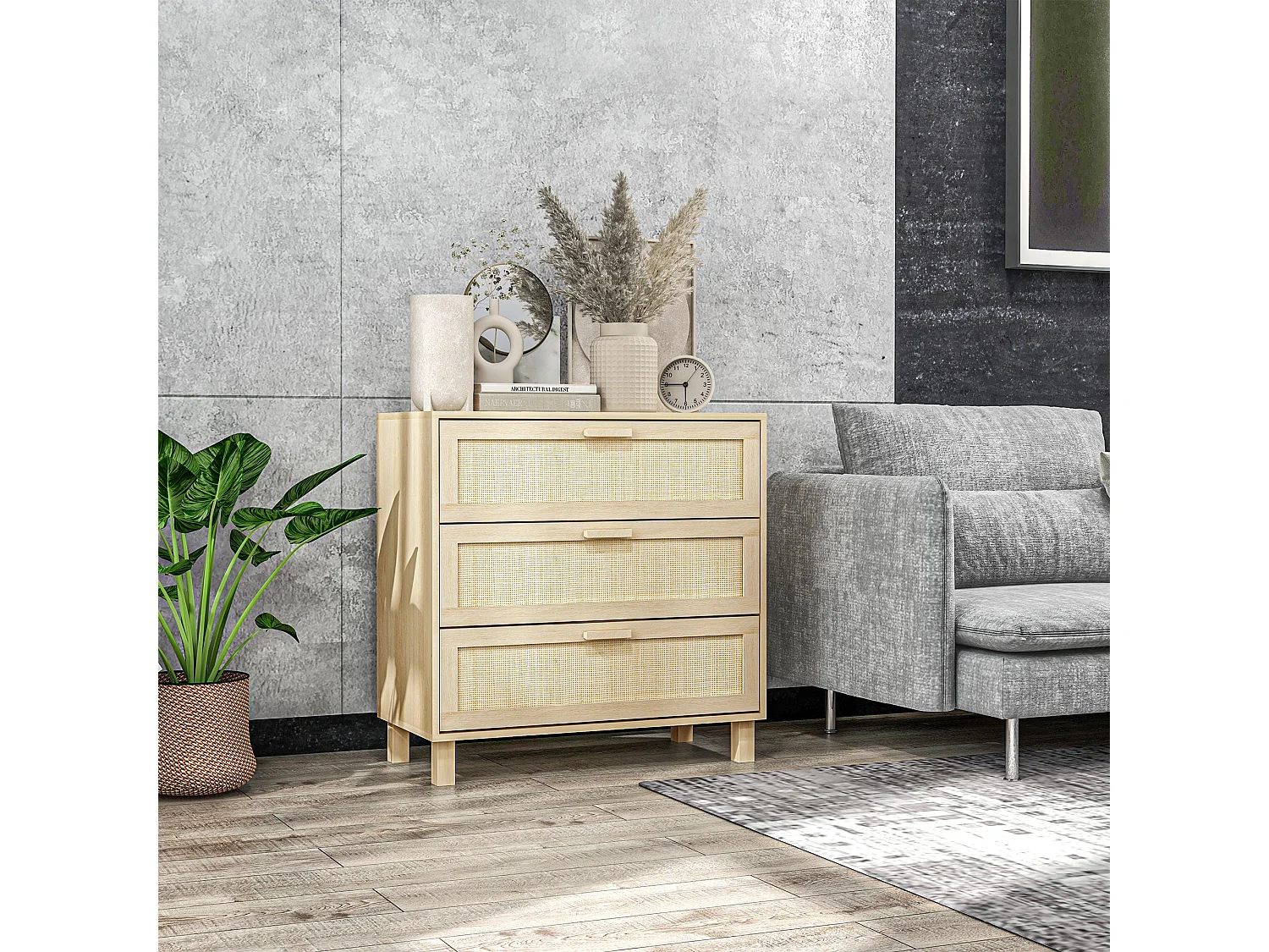 Doyo 3 Drawer Natural Rattan and Wood Chest