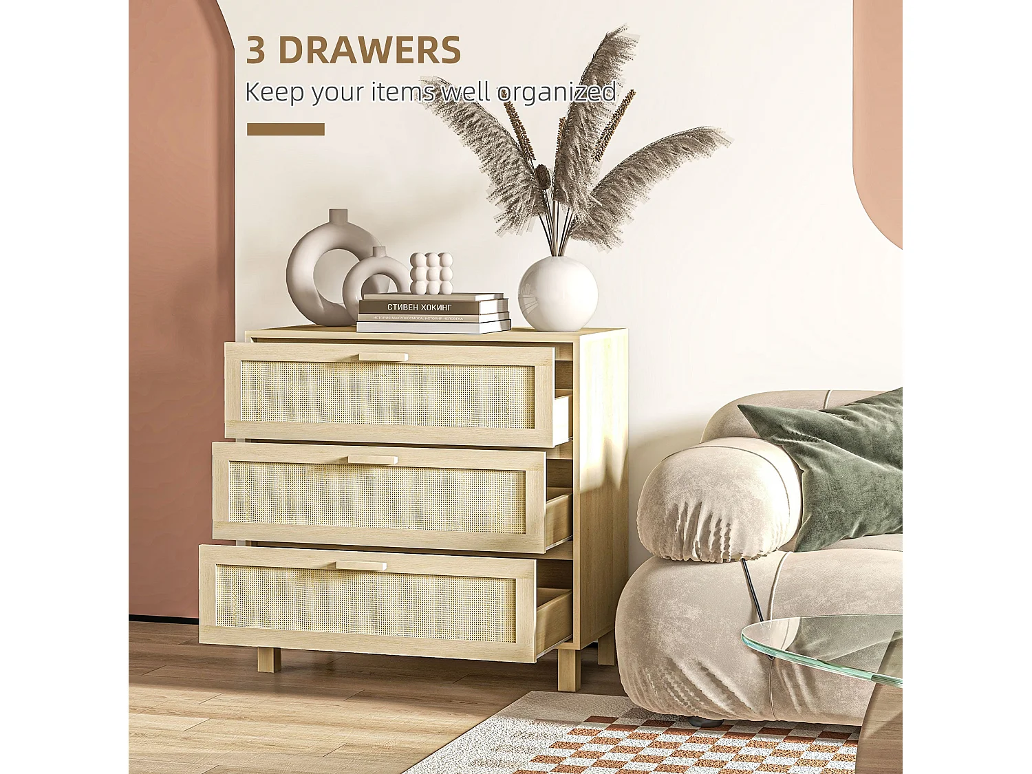 Doyo 3 Drawer Natural Rattan and Wood Chest