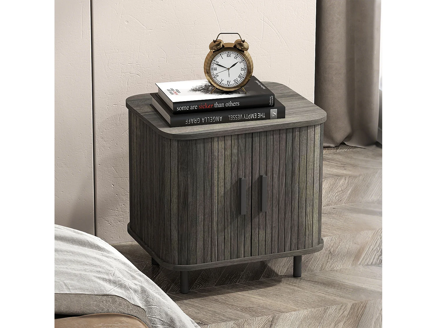 Pasaba Grey Nordic Bedside Table Tambour Sliding Door Two Tier Storage Metal Legs