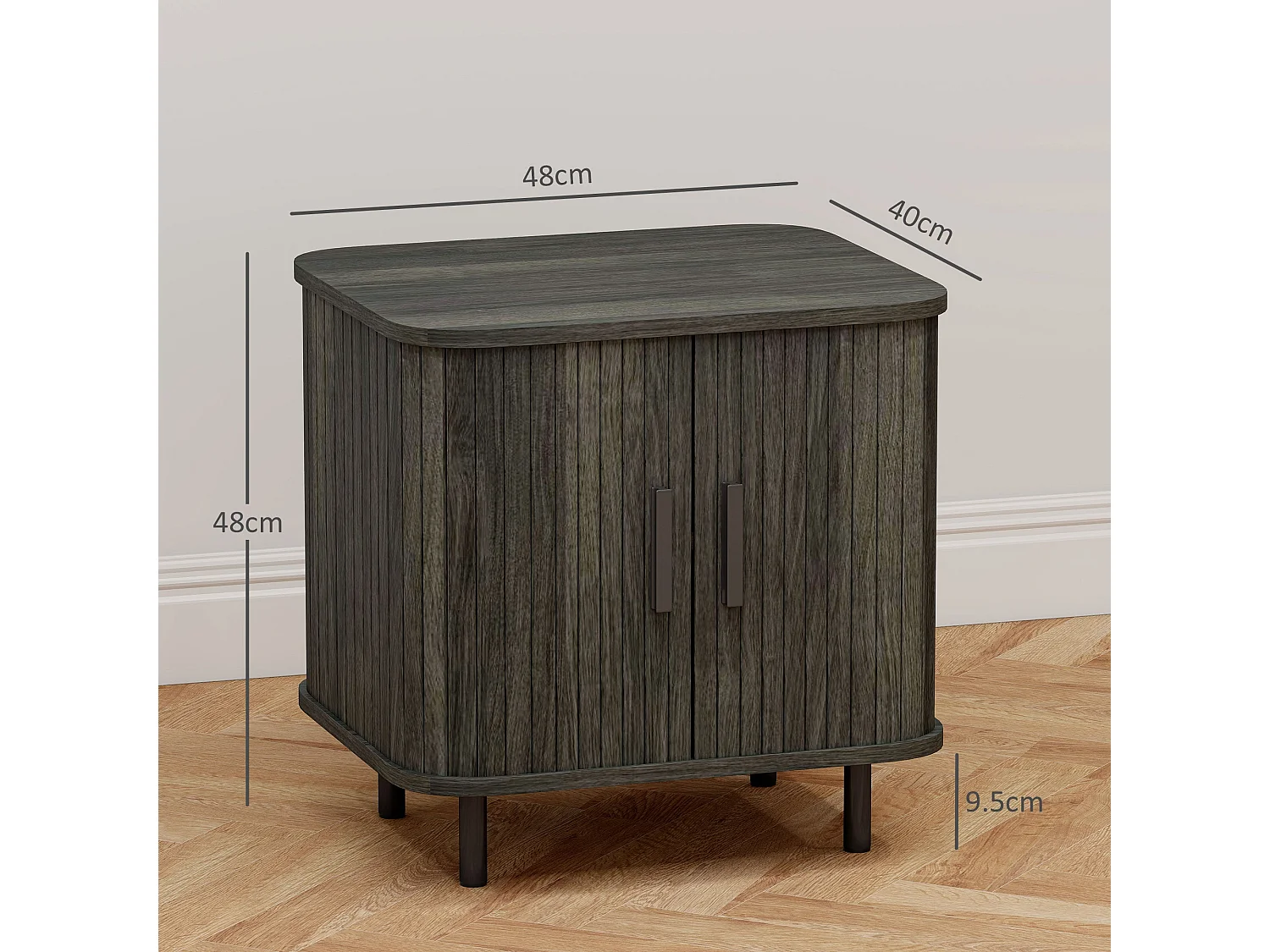 Pasaba Grey Nordic Bedside Table Tambour Sliding Door Two Tier Storage Metal Legs