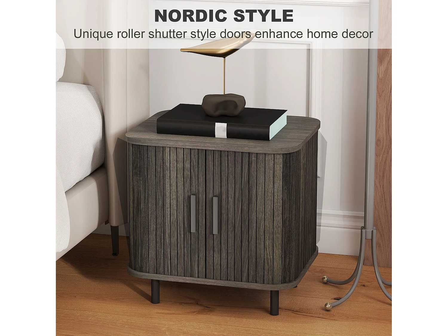 Pasaba Grey Nordic Bedside Table Tambour Sliding Door Two Tier Storage Metal Legs