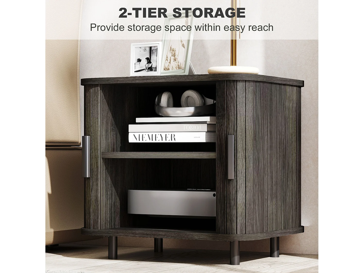 Pasaba Grey Nordic Bedside Table Tambour Sliding Door Two Tier Storage Metal Legs